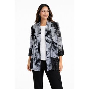 Chico's Black and Gray Floral with Polka Dots Sheer Kimono Jacket Size 1 Medium